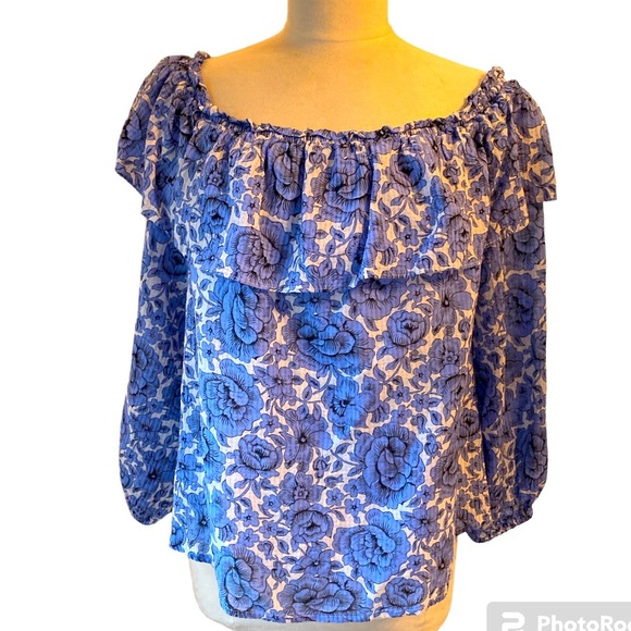 Ann Taylor Tiered Ruffled off shoulder blouse floral, size large - Picture 2 of 6